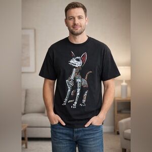 Graphic Tee Men’s Skeleton Dog Dia de los Muertos Black Shirt Size XL